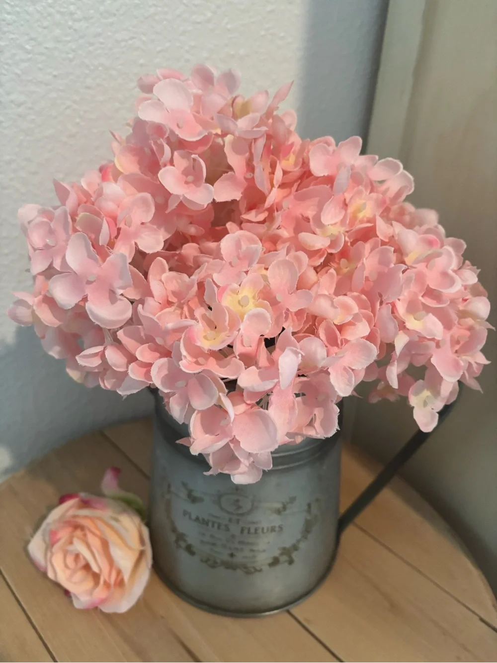 Hand Crafted Soft Pink Hydrangea Bouquet in Metal Pitcher Final Sale